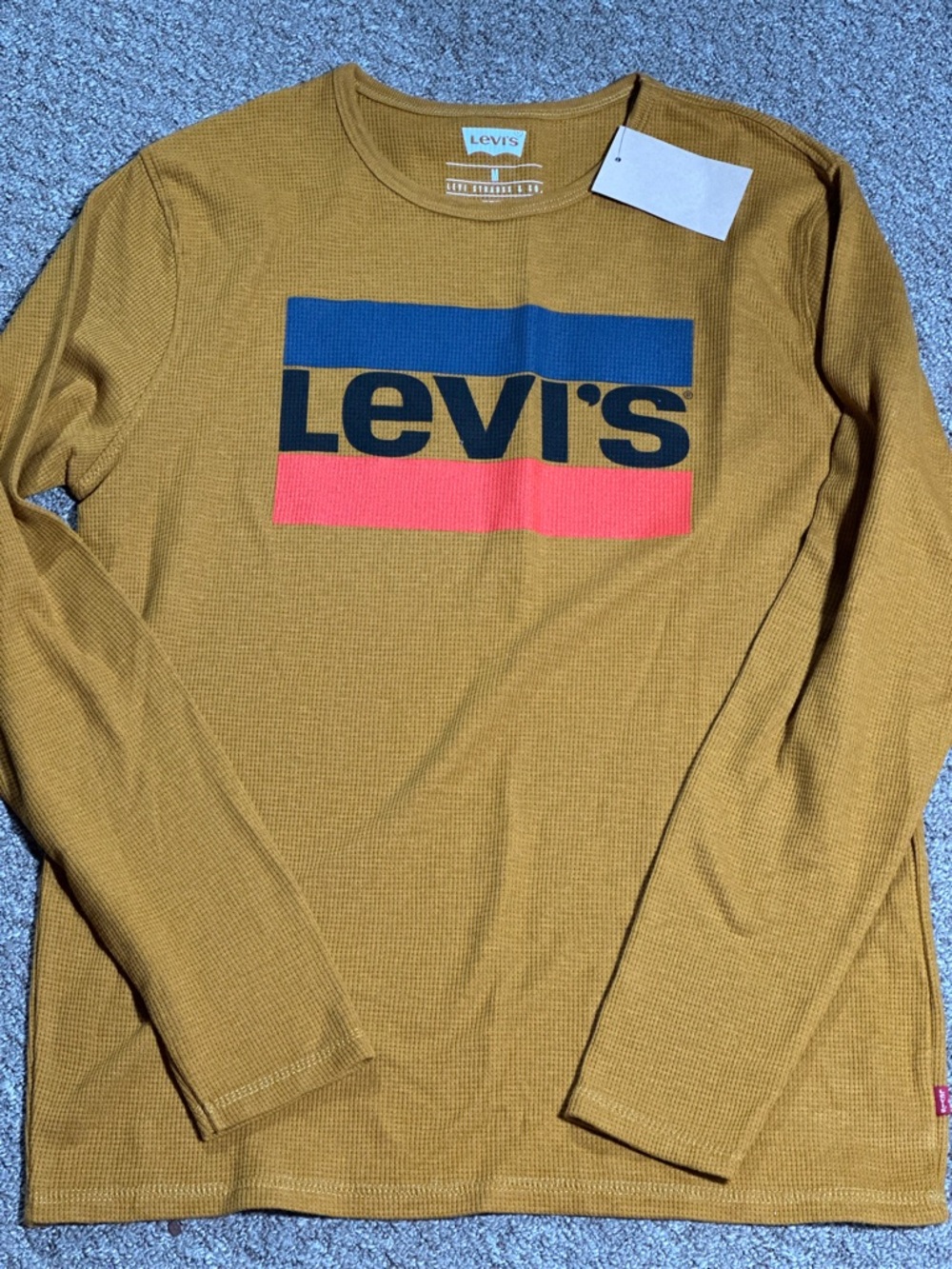 Levi's Men's Mustard Long-Sleeve Logo Tee with Blue and Red Accents